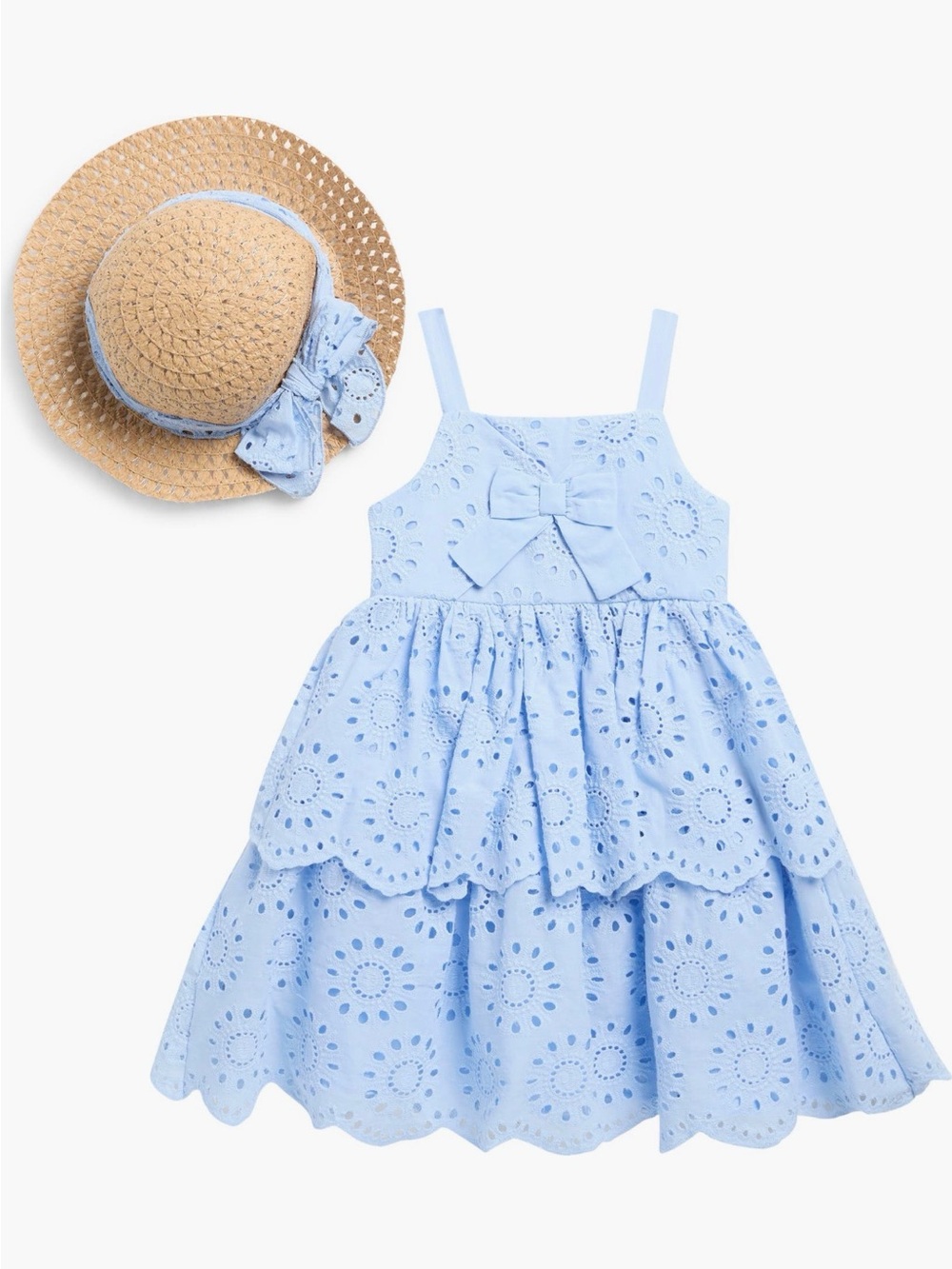 Blueberi Boulevard Light Blue Eyelet Dress & Straw Hat Set